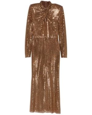 Self-Portrait Rhinestone-Embellished Long-Sleeved Midi Dress - Brown