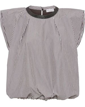 Brunello Cucinelli Multi-Stripe Poplin Balloon Top - Gray