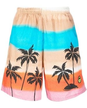 Barrow Palm-Tree Printed Striped Bermuda Shorts - Blue