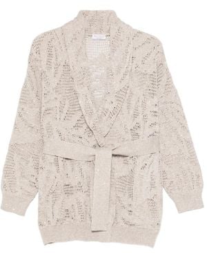 Brunello Cucinelli Tie Waist Open Knit Cardigan - Natural