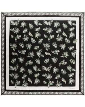 Dolce & Gabbana 90X90 Small Flower Bouquet-Print Silk Twill Scarf With Lace Insert - Black