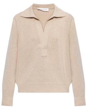 Victoria Beckham Polo-Collar V-Neck Wool Jumper - Natural