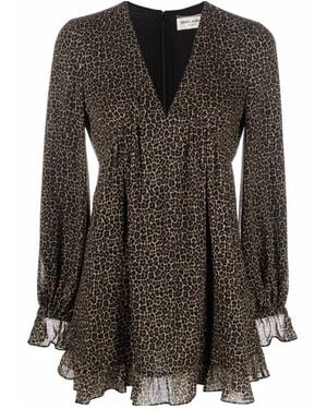 Saint Laurent Leopard Printed Long-Sleeved Dress - Black
