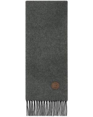 Gucci Logo Patch Fringed Scarf - Grey