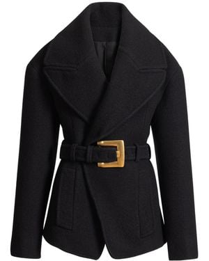 Balmain Belted Wool Pea Coat - Black