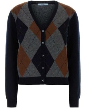 Prada Argyle-Knit V-Neck Cardigan - Black