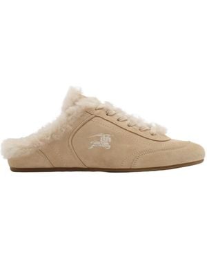 Burberry Shearling Knight Runner Mules - Natural