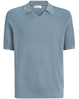 Brunello Cucinelli Fine-Knitted Ribbed Polo Shirt - Blue