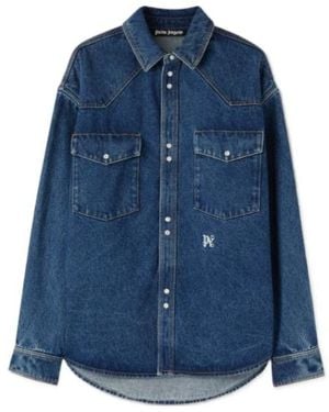 Palm Angels Logo-Embroidered Drop Shoulder Denim Shirt - Blue