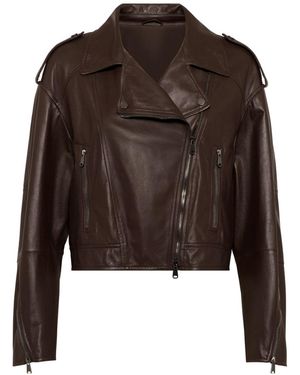 Brunello Cucinelli Off-The-Center Zip Biker Jacket - Brown