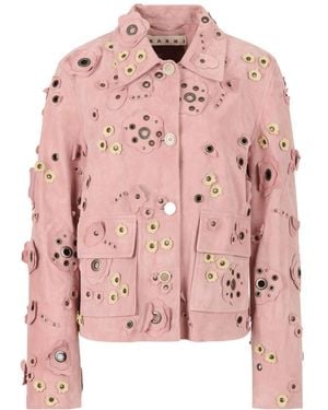 Marni Suede Jacket With Flower Appliqués - Pink