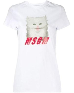 MSGM Cat Printed Logo Short-Sleeved T-Shirt - White