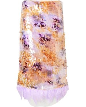 STAUD Lark Sequin-Embellished Feather-Trimmed Mesh Midi Skirt - Pink