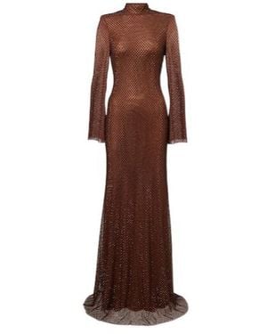 Self-Portrait Crystal-Embellished Mesh Gown - Brown
