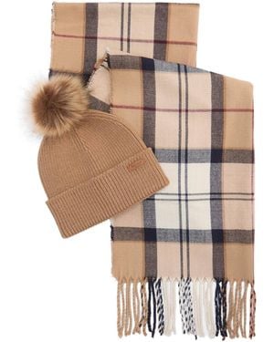 Barbour Tartan Scarf Knitted Beanie Set - White