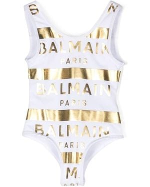 Balmain Metallic Logo-Print Swimsuit - White
