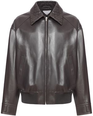 Bottega Veneta Leather Jacket With Woven Collar - Grey
