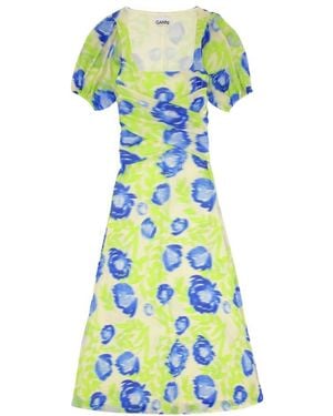 Ganni Printed Mesh Puff Sleeved Midi Dress - White