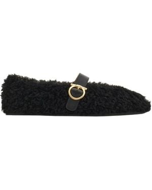 Ferragamo Buckle-Fastening Shearling Lace-Up Shoes - Black