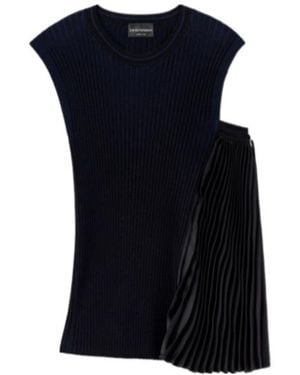 Emporio Armani Knit Top With Asymmetrical And Sleeveless Ribbed Design And Pleated Panel - Blue