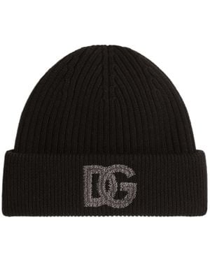 Dolce & Gabbana Ribbed Logo Beanie Hat - Black