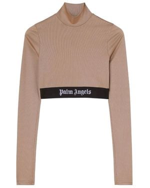 Palm Angels Logo Tape Long-Sleeved Cropped T-Shirt - White