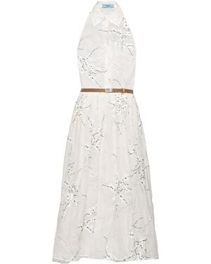 Prada Floral-Embroidered Silk Midi Dress - White