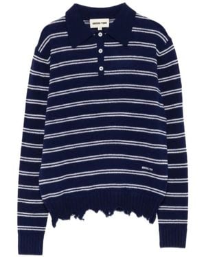 ShuShu/Tong Striped Distressed-Effect Polo Shirt - Blue