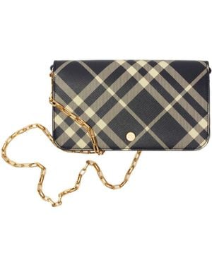 Burberry Mini Check-Printed Chain Strap Wallet - White