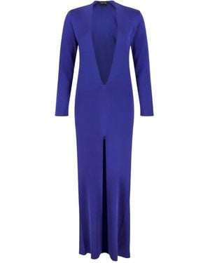 Tom Ford Plunging-Neckline Front-Slit Maxi Dress - Blue