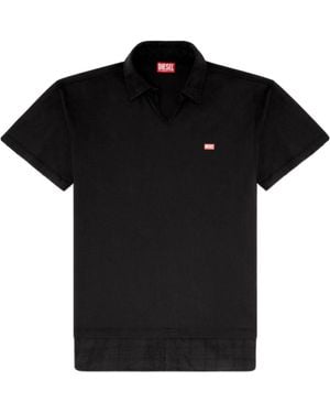 DIESEL Jersey Polo Shirt With Check Flannel Trims - Black