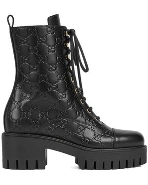 Gucci Lace-Up Ankle Boot With Gg, Size 34 It - Black