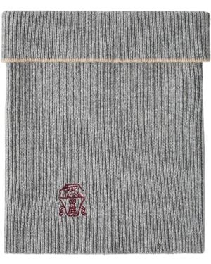 Brunello Cucinelli Logo-Embroidered Cashmere Scarf - Gray