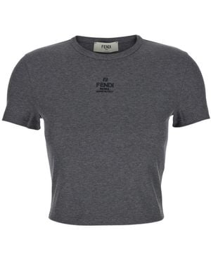 Fendi Logo Lettering Ribbed Cropped T-Shirt - Grey