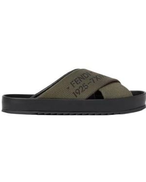 Fendi Double Leather And Fabric Slides - Brown