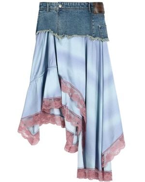 ANDERSSON BELL Denim Patchwork Lace Trim Midi Skirt - Blue
