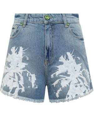 Barrow Abstract Printed Fringed Denim Shorts - Blue
