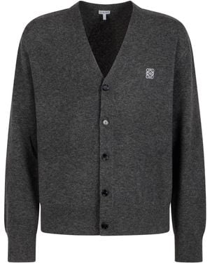 Loewe Logo Embroidered V-Neck Knit Cardigan - Black