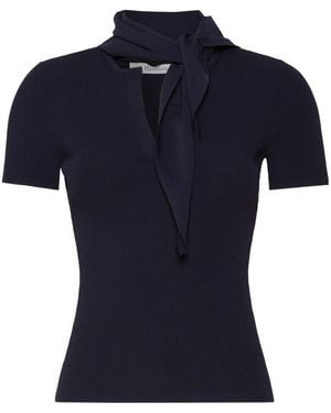 Max Mara Ribbed-Knit Tie-Detail Short-Sleeve Sweater - Blue