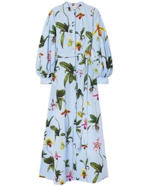 Oscar de la Renta Floral Print Extra-Long Shirt Dress - Blue