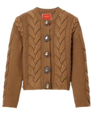 La DoubleJ Chunky Wool And Viscose And Cashmere Blend Cable Knit Cardigan With Jewel Buttons - Brown
