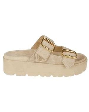 Prada Triangle-Logo Slip-On Sandals - Natural