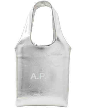 A.P.C. Logo Printed Metallic Effect Tote Bag - Grey