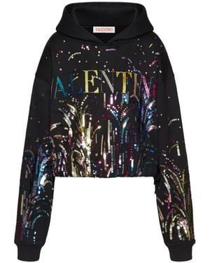Valentino Sequin Logo Cropped Hoodie - Black