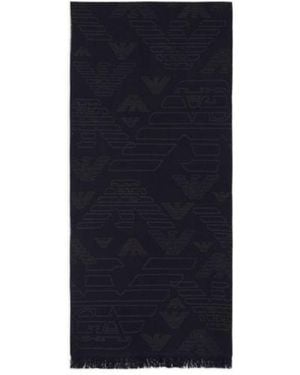 Emporio Armani Logo Embroidered Frayed Edge Knitted Scarf - Blue