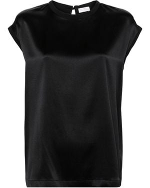 Brunello Cucinelli Cap-Sleeved Crewneck Satin Blouse - Black