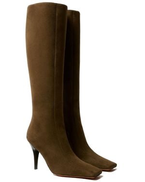 Stella McCartney Square-Toe Suede Knee-High Stiletto Boots - Brown