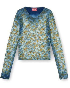 DIESEL Floral Ribbed V-Neck Knitted Jumper - Blue