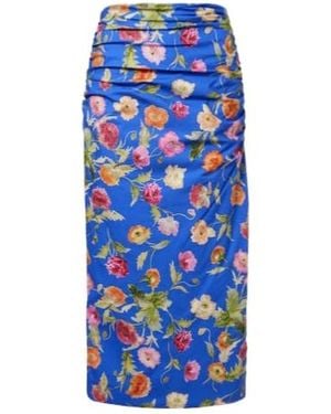 Carolina Herrera Floral Ruched Cotton-Blend Midi Skirt - Blue