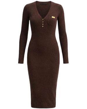 Elisabetta Franchi Micro-Braided V-Neck Midi Dress - Brown